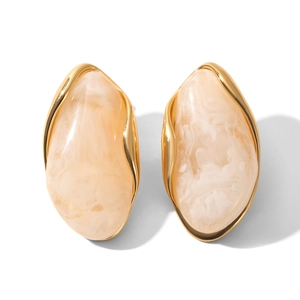 Detail of marble pattern resin earrings with polished 18k gold-plated stainless steel frames