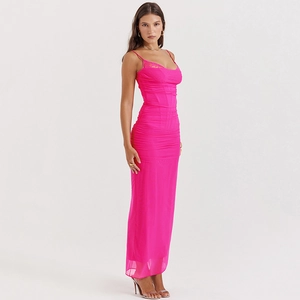 Detail of pink mesh long dress featuring delicate lace stitching and ruched slim fit texture