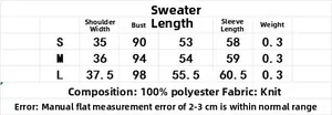 Detailed size chart for striped knit sweater with shoulder and chest measurements
