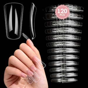 Detailed close-up of 120 transparent duck-shaped false nails showing natural curvature