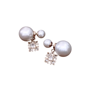 Elegant flower pendant earrings with cubic zirconia and white faux pearls in rose gold finish