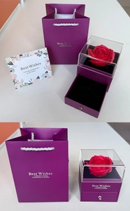 Elegant purple gift set with red preserved rose in double-layer jewelry box and carry bag
