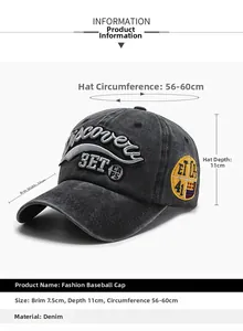 Detail of gray washed denim baseball cap showing 3D embroidery and product dimensions
