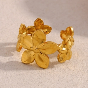 18K gold plated stainless steel open ring featuring a multi-flower matte hammered design