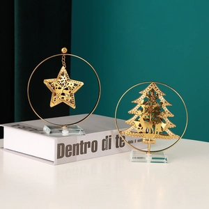 Christmas Desktop Ornament Iron Gold Hollow Star Tree Elk Luxury Holiday Home Decor Crystal Base