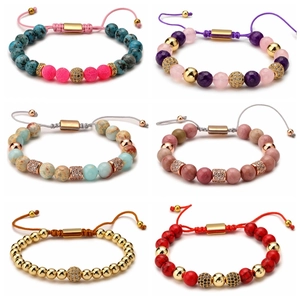 Natural Stone Beaded Bracelet With Agate Amethyst Rose Quartz Copper Beads And Zircon Adjustable Woven Rope Bohemian Style