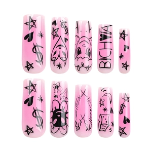 Pink press-on nails with black heart star graffiti and square head shape on white background