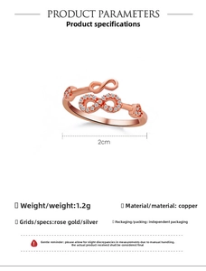 Detail view of infinity ring in rose gold and silver finish with size measurements