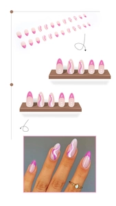Detail view of pink French almond press-on nails with wave patterns and artistic designs