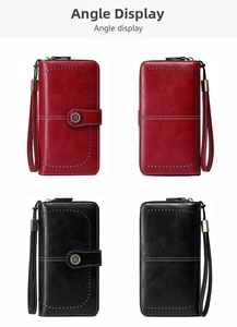 Detailed view of RFID long women's wallet in red and black with detachable wristlet
