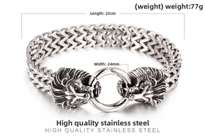 Macro shot of stainless steel lion head bracelet showing 23cm length and 24mm width