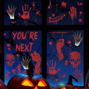 Autocollants d'empreintes de mains sanglantes et crâne pour fenêtre Halloween