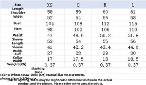 Size chart table for teddy fleece jacket with measurements in CM for XS to L sizes