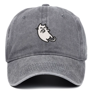 Close-up of cat embroidery and washed texture on high-quality dark grey cotton baseball cap