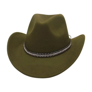 Detail view of the silver double-row rhinestone band on a green felt cowboy hat