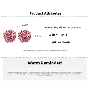 Detailed size chart for pink floral stud earrings with rhinestones and silver needles