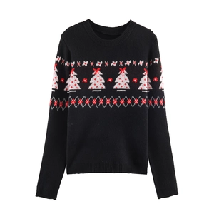 Women's black Christmas knit sweater featuring festive tree patterns in a flat lay view