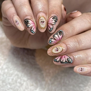 Evil Eye Butterfly Wing Press On Nails Oval Long Pink Nude Surrealism Art Artificial False Fingernails
