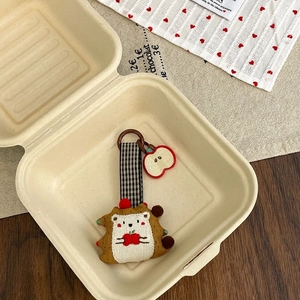 Detailed close-up of a handmade hedgehog charm with plaid lanyard in a minimalist gift box