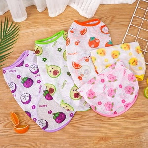 Breathable summer pet vests with fruit patterns for dogs and cats on wooden floor