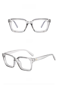Front and side view of transparent grey square frames with metallic rivet details