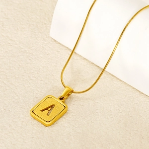Gold stainless steel necklace featuring a letter A pendant on a round snake chain