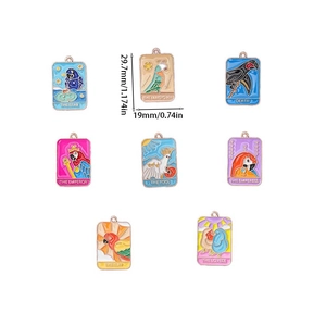 Set of 8 enamel tarot card charms with gold borders for DIY jewelry making with dimensions