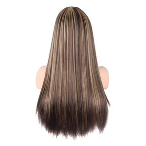 Back view of long straight brown wig with golden blonde highlights on a model head