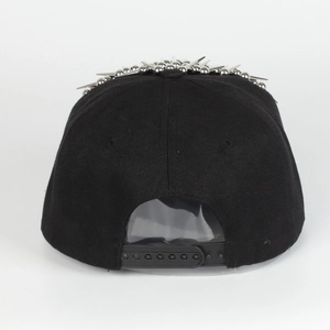 Rear view of black cotton snapback hat featuring silver punk style metal spiked studs