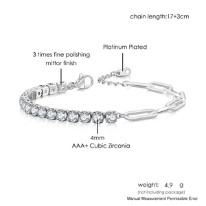 Detail of paperclip and tennis bracelet with AAA+ cubic zirconia and lobster clasp