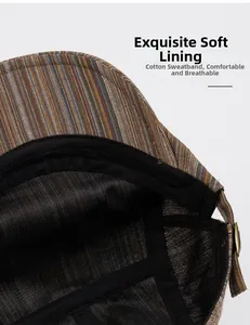 Detail of multi-color striped newsboy cap featuring breathable cotton sweatband and lining