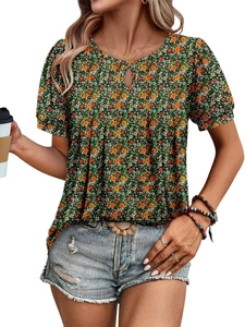 Detail of floral printed top featuring round neckline with cutout and short sleeves