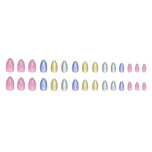 Short almond press-on nails in pastel pink, blue, yellow, and grey with aurora pearl finish