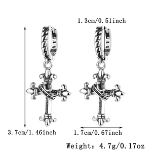 Detailed view of sterling silver cross hoop earrings with size and weight dimensions