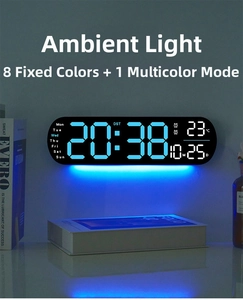 Detail of wall-mounted LED digital clock showing blue backlight, date, and temperature