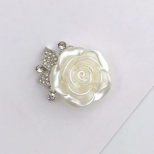 White faux pearl rose flower charm with silver leaves and sparkling rhinestones