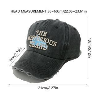 Detailed size guide for distressed gray washed baseball cap with embroidery