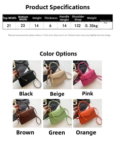 Detailed size parameters and six available colors for this woven texture PU shoulder bag