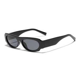 Y2K style chunky square sunglasses with glossy black frames and dark grey lenses