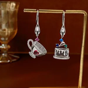 Asymmetric Cupcake And Tea Cup Dangle Earrings With Colorful Zircon Inlaid Silver Earring Post Creative Jewelry For Women