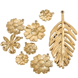 18K gold plated stainless steel sunflower and leaf charms for DIY necklaces and earrings