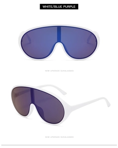 Close-up of oversized white frame sunglasses with blue-purple gradient lenses in 2 views