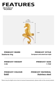 Detail view of adjustable gold seahorse ring with dimensions and stainless steel texture