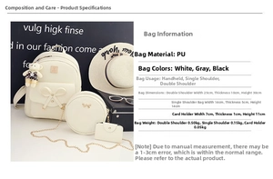 Detailed size specifications for beige PU leather 3-piece backpack set with bow decoration