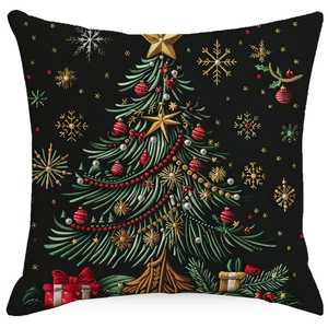 Christmas tree embroidered pillow cover in black linen with green and red festive pattern
