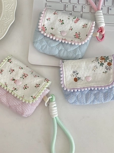 Floral CCD camera storage pouch with heart clasp in light blue and pink stripe designs