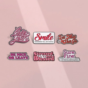 Set of 6 pink motivational cartoon enamel pins with inspirational English phrases