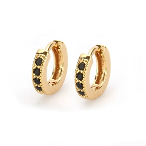 Classic 18k gold plated hoop earrings featuring a row of pave set black zircon stones