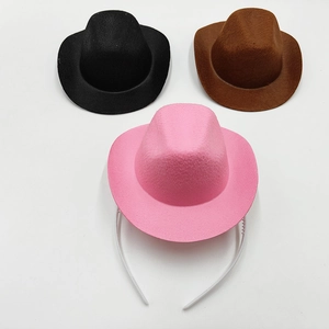 Detailed view of mini cowboy hat headbands in black, brown, and pink felt material