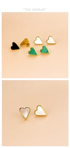 Detailed tile display of heart stud earrings in gold, black, pearl and green finishes